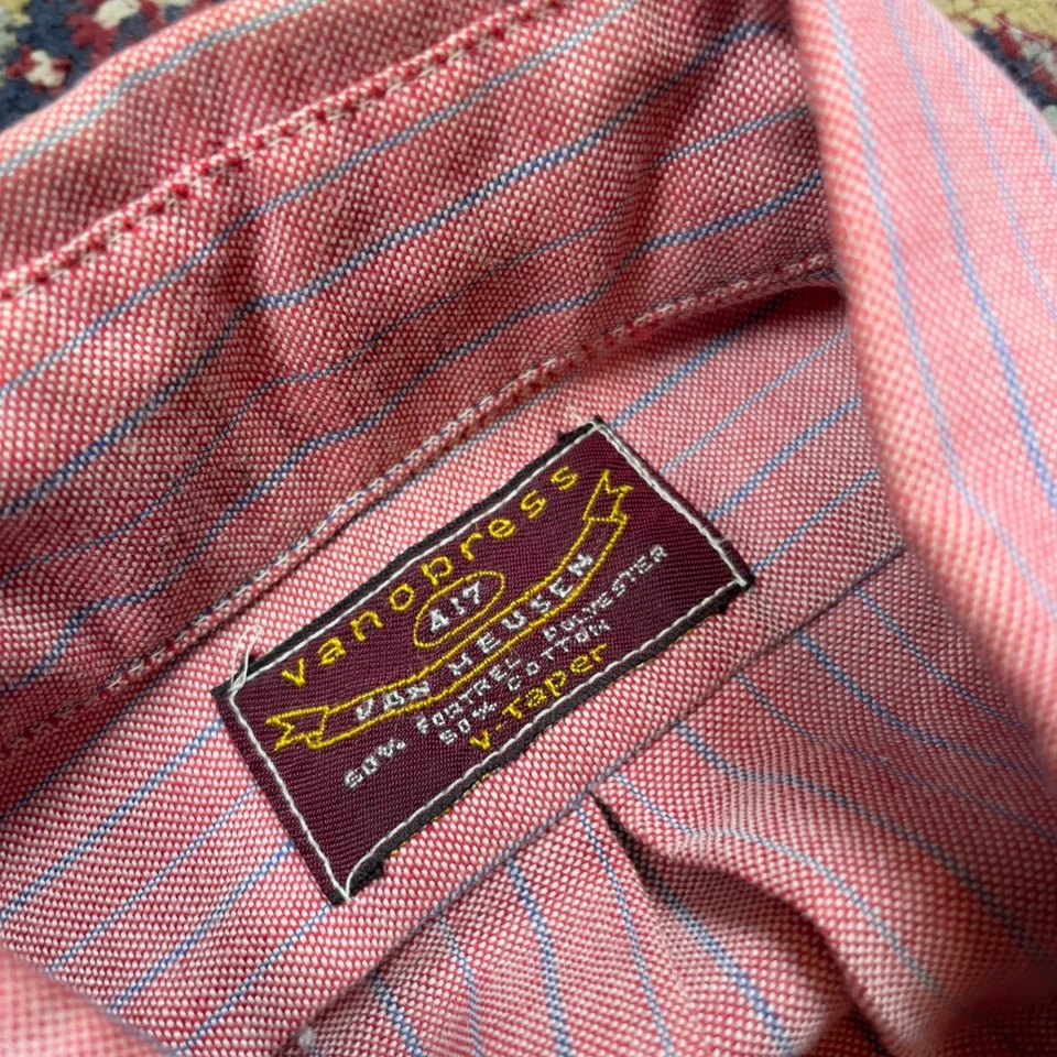 Camisa De Colección Años 60 70 Van Heusen Vanopress Para Hombres Rosa Salmón Rayas Abotonada M-L Foto 3 de 4
