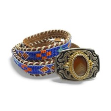 36" Beaded Leather Belt  Agate Buckle Colorful Southwestern Native American