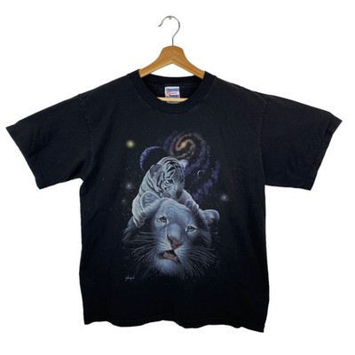 VTG White Lion Space Universe Tiger Love Cub Stars Single Stitch Shirt Sz Large