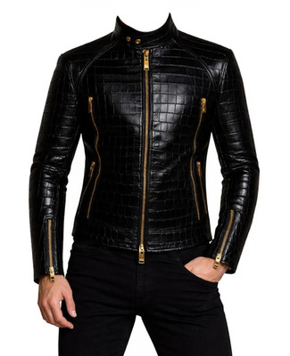 Men's Black Real Leather Jacket Glossy Crocodile Print Moto Biker Luxury Jacket