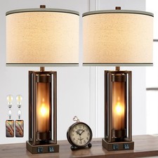 Rustic Table Lamps for Living Room Set of 2 with USB C A Ports, Farmhouse Vin...
