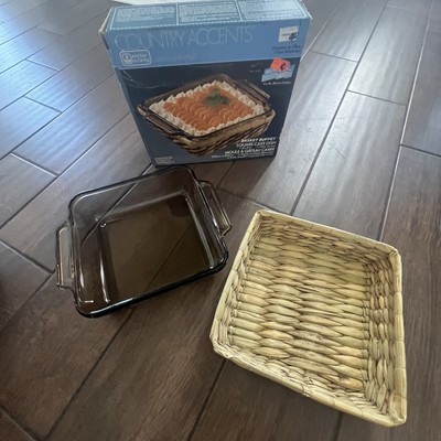 Anchor Hocking Vintage Brown Glass Basket Buffet Cake Pan with Basket 8x8 w/Box
