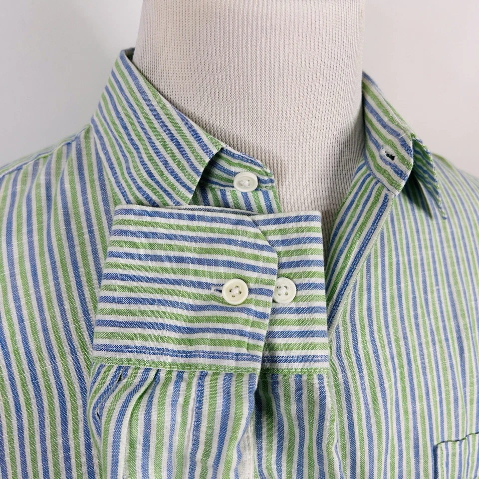 IZOD Medium Island Linen Blend Shirt Green Blue Striped Long Sleeve Button Front - Image 4 of 4