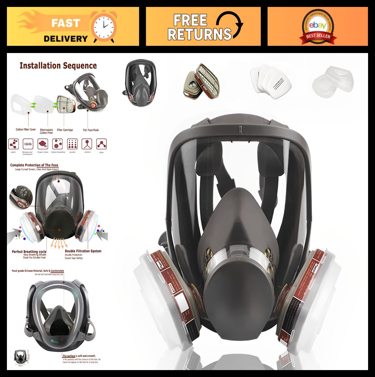 Reusable Full Face Respirator for Organic Vapors & Particulate Filters - Ideal f