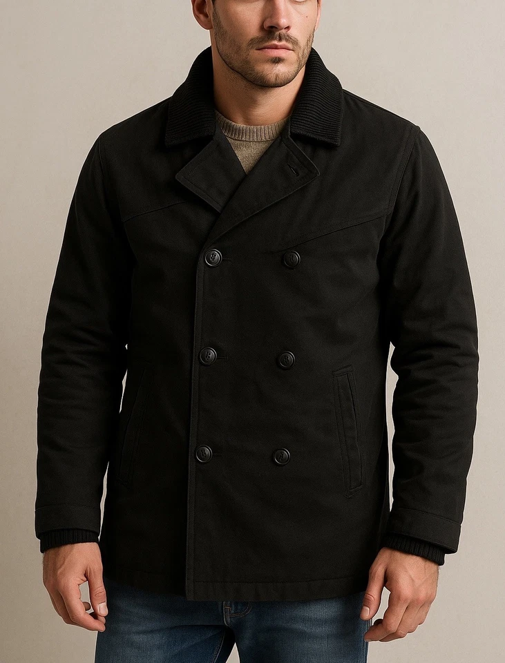 Volcom Men’s L Black Cotton Twill Military Peacoat Grad Jacket Nautical Buttons - Image 2 of 4