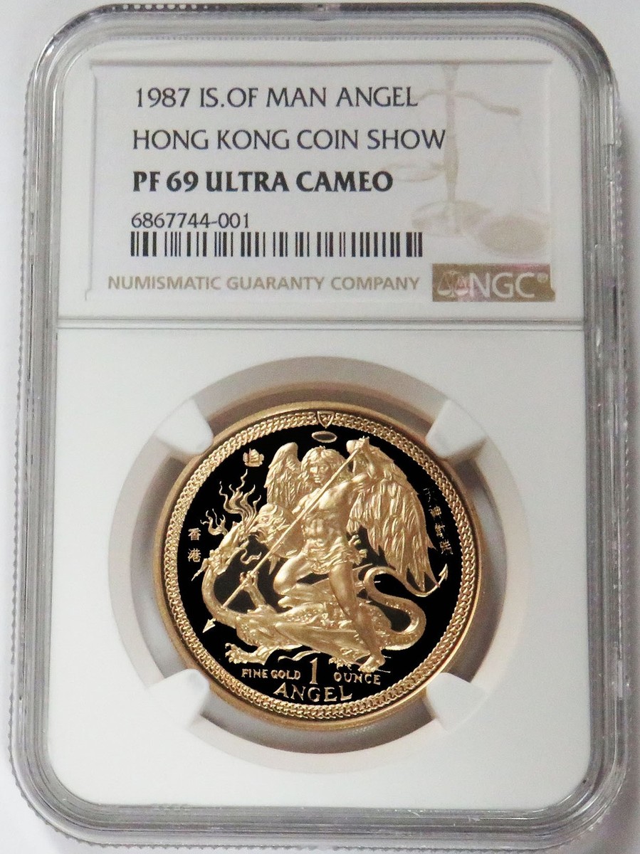 1987 GOLD IOM 1 OZ ANGEL HONG KONG COIN SHOW PRIVY NGC PROOF 69