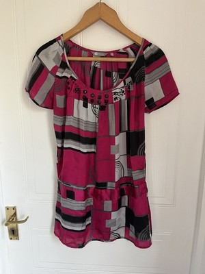 Mia Moda Tunic Top Hot Pink Geometric Embellished Rhinestone Neckline Size 10 