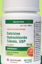 Allergy Cetirizine Hydrochloride 365 Tablets 10mg 24Hr Relief Glenmark EXP 12/26