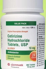 Allergy Cetirizine Hydrochloride 365 Tablets 10mg 24Hr Relief Glenmark EXP 12/26