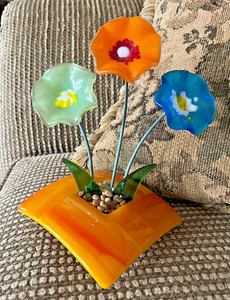 Contemporary Fused Glass Ikebana Inspired Vase W/ Flowers Sculpture