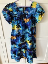 Vtg Royal Creations Hawaii Mumu House Dress Maxi Pockets Zip Blue, Size LARGE