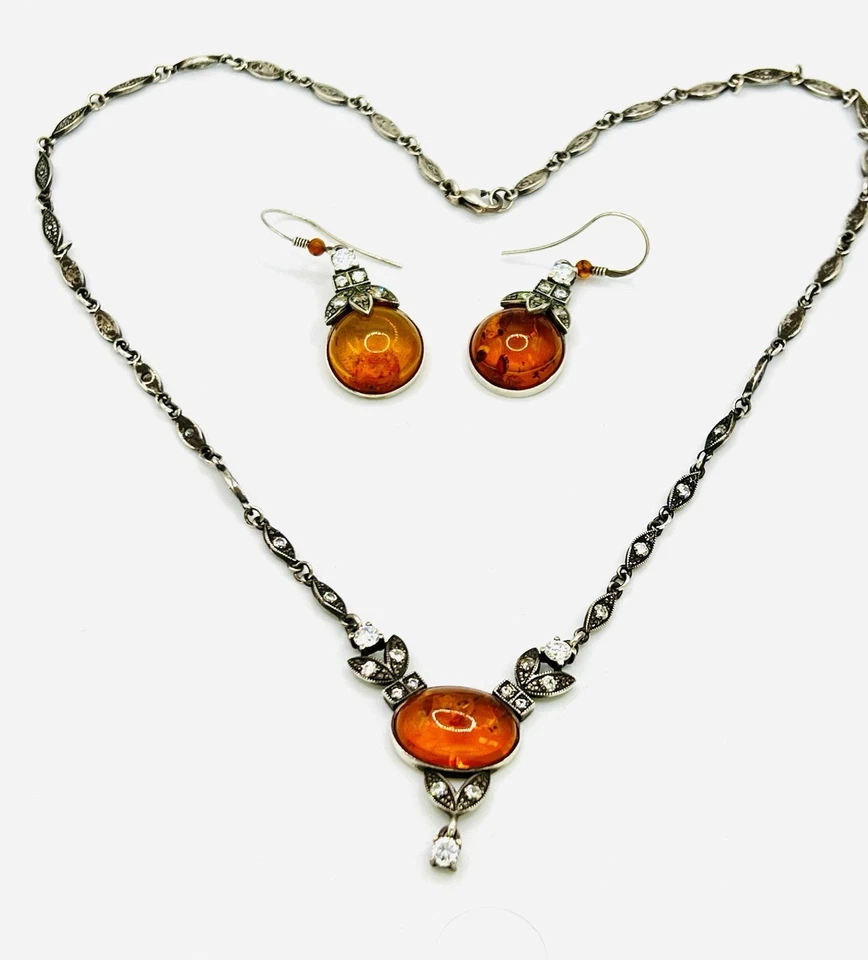 JUEGO DE COLLAR Y PENDIENTES COLGANTES DE PLATA ESTERLINA LAVALIERE CRISTAL MARCASITA DE COLECCIÓN Foto 2 de 4