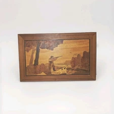 Marquetry Wood Inlay Art Duck Hunting Scene Dog Hunter 13.75"X21.5" Marked WB 