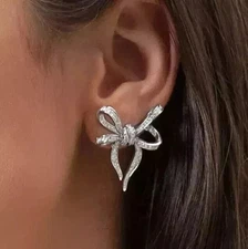 1CT Lab Created Diamond Womens Bow Stud Earrings In 14K White Gold Finish Silver