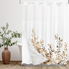 No Hooks Snap in Liner Tan Eucalyptus Leaves Shower Curtain Sets, Hotel Luxury D