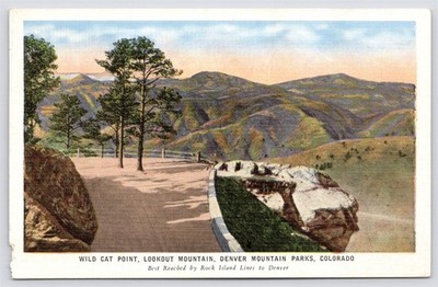 CO Denver Mountain Parks Wild Cat Point Lookout Mt Rock Island Lines, Linen 1939