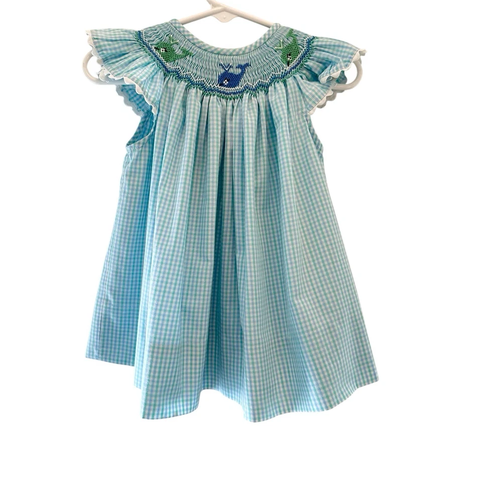 Vestido Amanda Remembered Smocked Whales 12m Boutique Azul Verde Gingham Check Muito Bom Estado Usado - Imagem 2 de 4