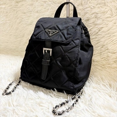 PRADA Quilted Tessuto Nylon Backpack Black Chain Triangle Logo White Tag