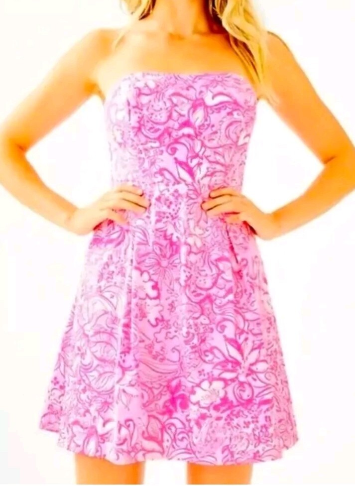 lilly pulitzer pink strapless dress Lilly Pulitzer Carlynn Satin Maxi Bow Dress Women's Dress Pink Palms : 12