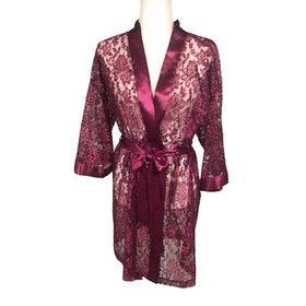 Intimate Affair Robe Womens Size M Ruby Lace Kimono Tie Robe Satin Trim Sexy
