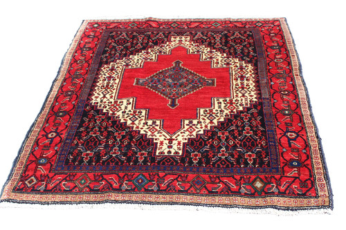 Tribal Central Medallion Turkish 3' 11" x 4' 8" Red Hand Knotted Area Rug