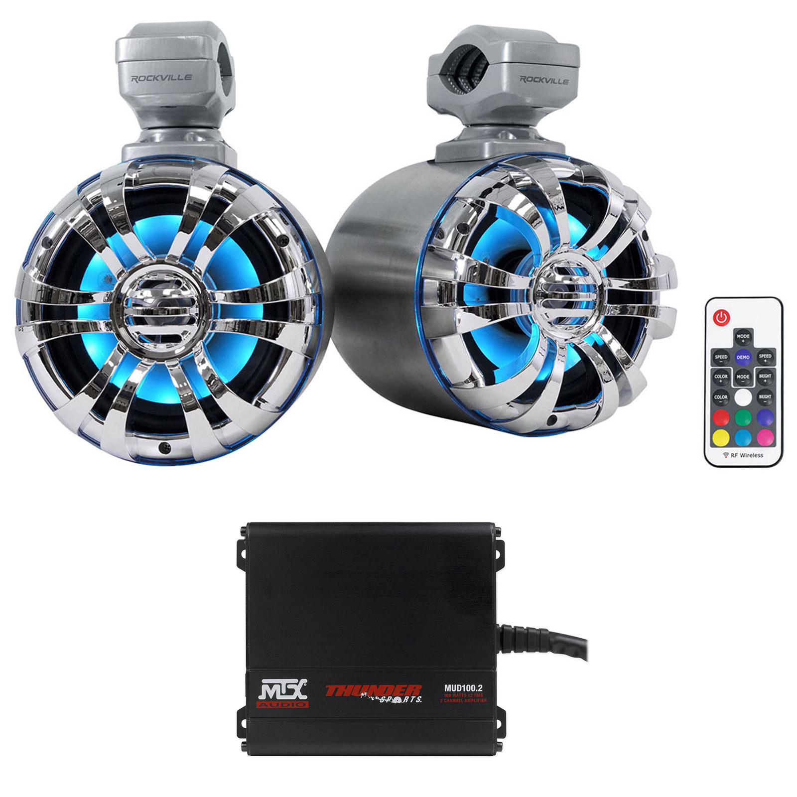 2 Поворотные светодиодные колонки Rockville WB50KLS СЕРЕБРИСТОГО ЦВЕТА 525 дюйма Усилитель MTX для квадроцикловUTV