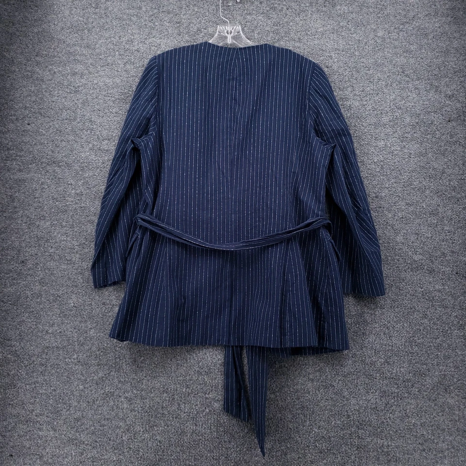 Blazer Lane Bryant Mujer 14 Azul Mezcla de Lino Rayas Abrigo Chaqueta Cintura Corbata Forrada Foto 2 de 4
