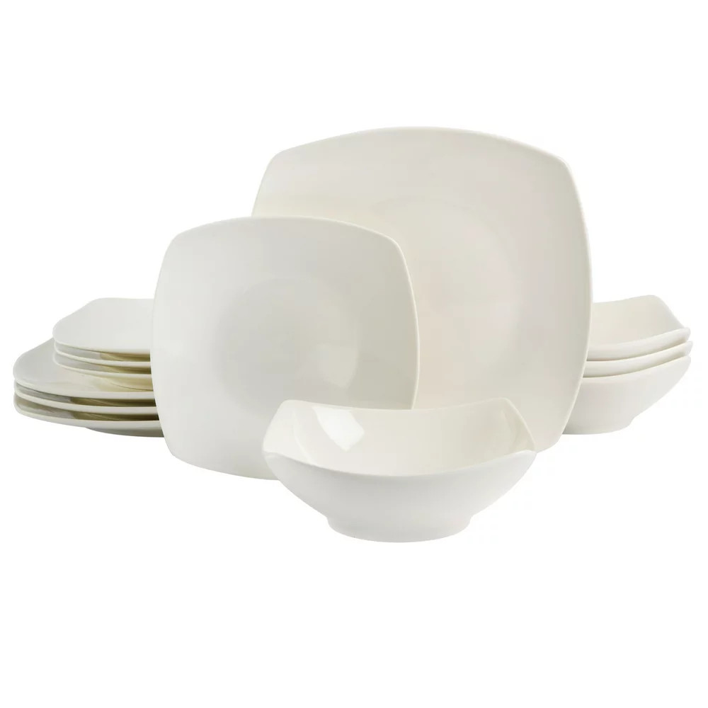 12 Piece Dinnerware Set Kitchen Dish Dinner Plates Ceramic Service , White