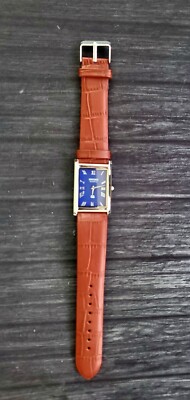 NOS Mens Tank Rectangular Blue Dial Leather band Dress Watch New Mvt & Batt****