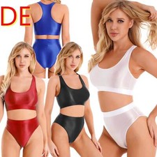 Damen Sport BH Set Glanz Top Bralette mit Slip Sport Fitness Bademode Dessous 