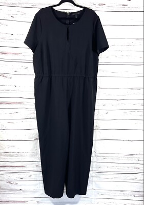 Lane Bryant Jumpsuit Womens 24 Black Elastic Waist Short Sleeve Wide Leg