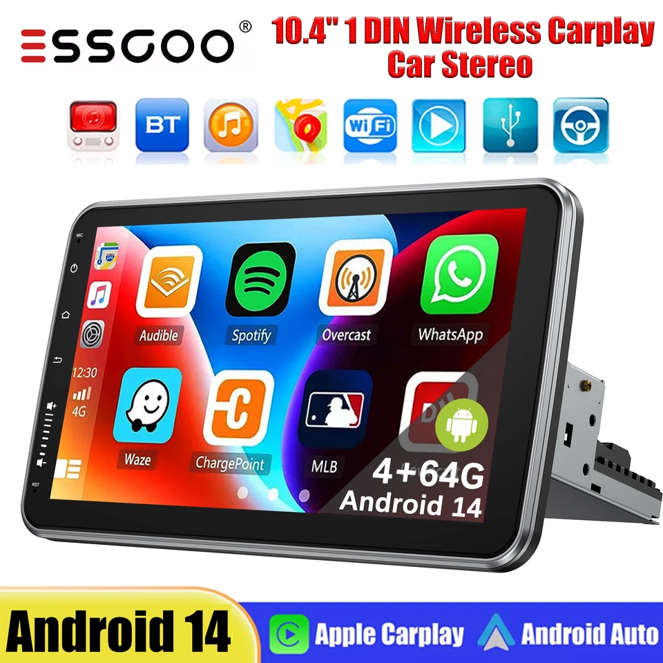 ESSGOO 4+64G 10.1" Apple CarPlay Rotatable Android 14 Single 1 DIN Car Stereo Radio GPS