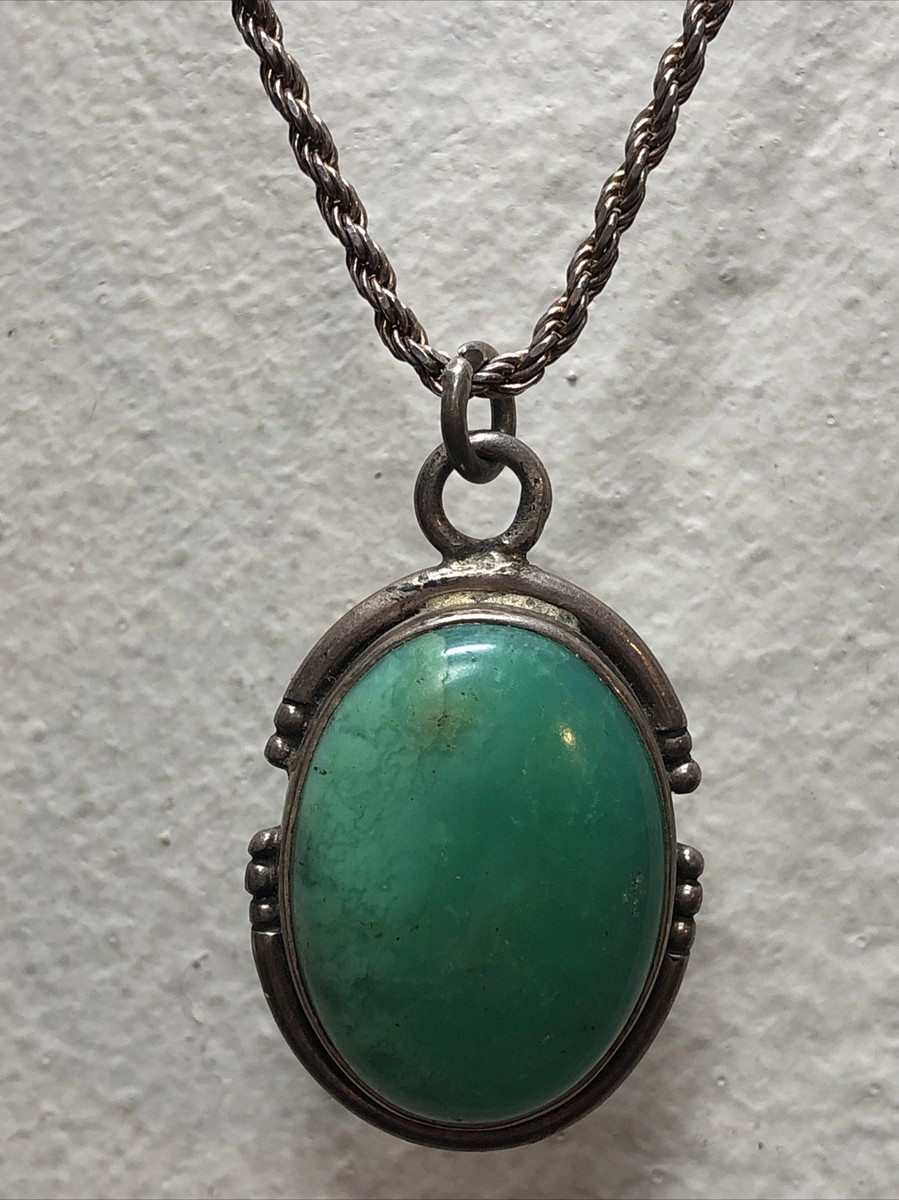Vintage 925 Sterling Silver Oval Framed Green Stone Pendant