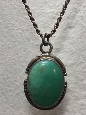 Vintage 925 Sterling Silver Oval Framed Green Stone Pendant