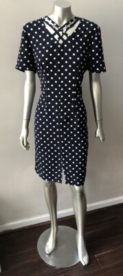 Polka Dot Sheath Criss Cross Blue White Career Work Day Night Dress 8