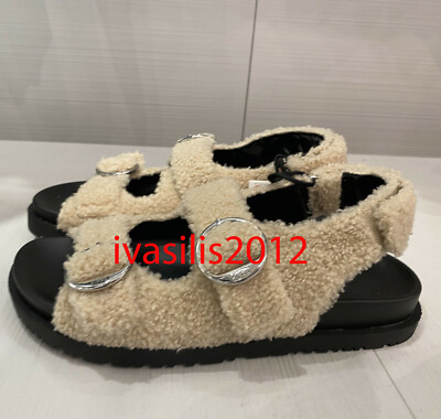 ZARA NEW WOMAN BUCKLED FLAT SANDALS WITH FUR-LINED STRAPS BEIGE 36