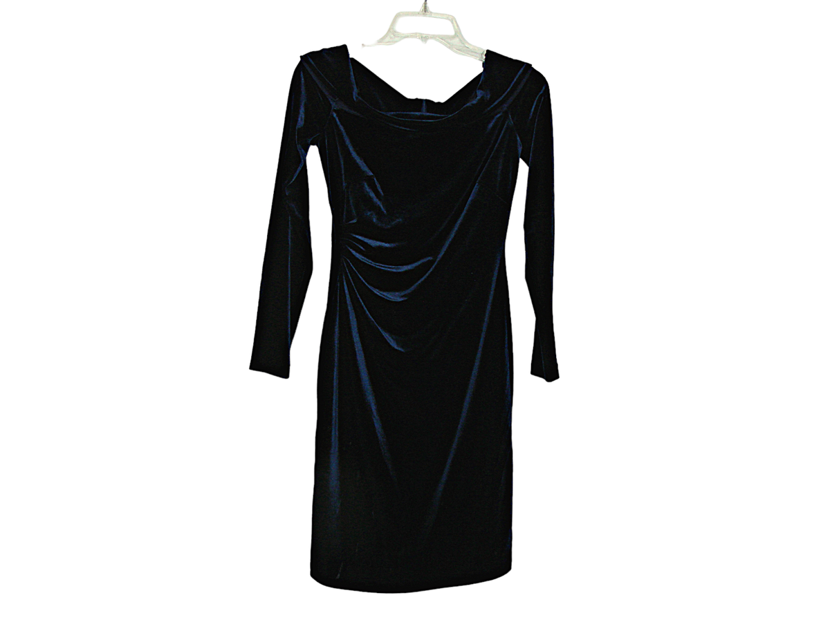 eliza j side ruched sheath dress Eliza J Velour Velvet Sheath Side Ruched Dress Blue Cowl Neck Back Zipper  Sz 4