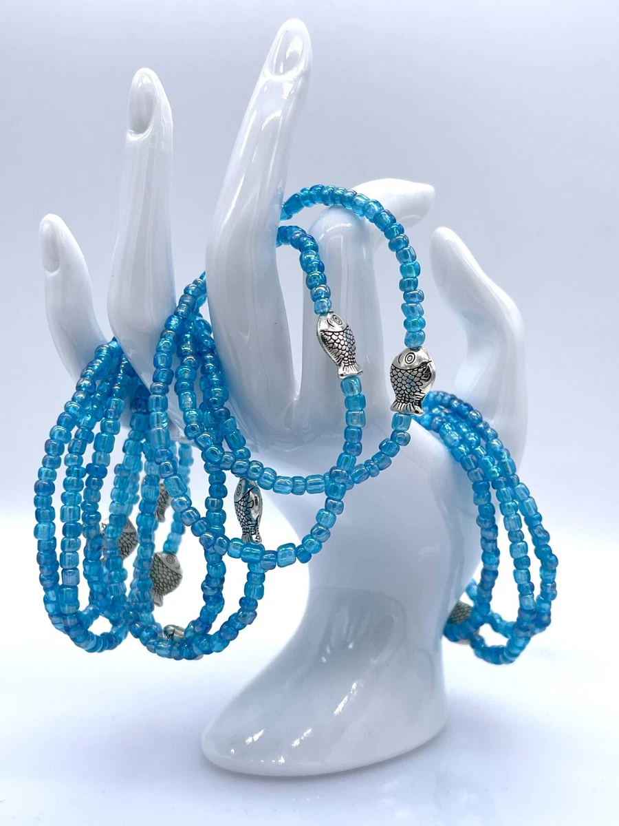 Bulk Metal Fish Seed Bead Stretch Bracelets Set of 10 Size 7