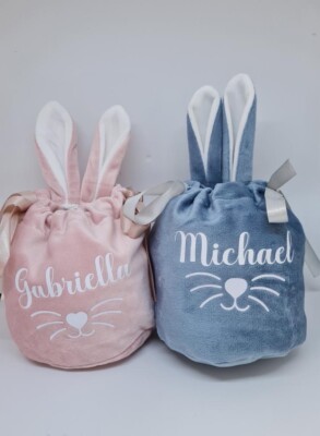 Personalisierter Eibeutel Osterhase Hase 3D Ohren Geschenk rosa blau.