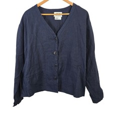 FLAX by Jeanne Engelhart Navy Blue 100 Linen Button Front Jacket Medium