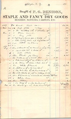 1887-1888 P.G. Denison Dry Goods Ledger Sheet Clyde NY Antique Ephemera