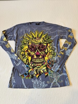 Ed Hardy Christian Audigier Long Live The King Skull Grenade Long Sleeve Shirt L