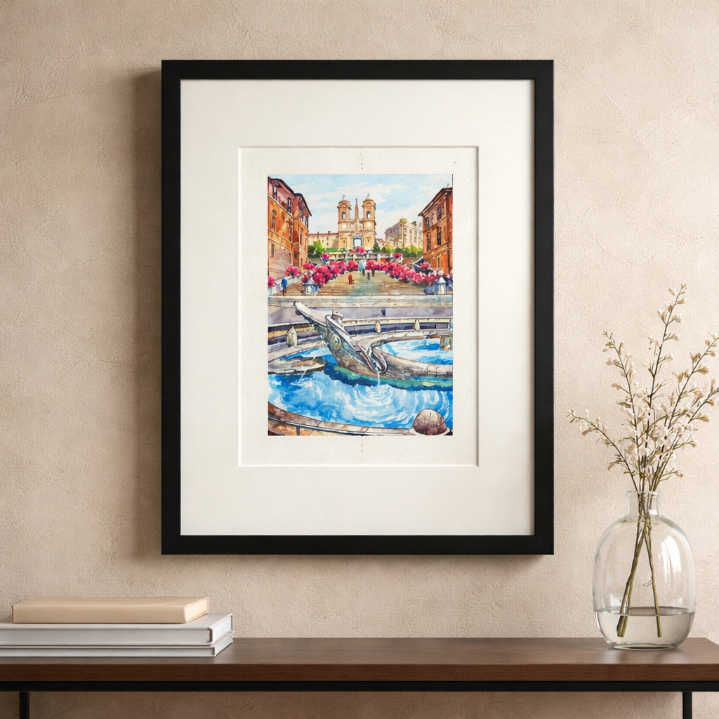 Framed ,Signed Original Watercolor Painting of Spanish Steps and Barcaccia Ftn