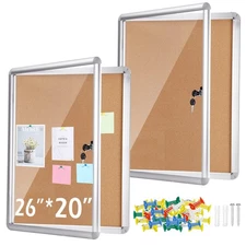 2 Pieces Enclosed Bulletin Board 26 x 20 Inch Lockable Notice Board Case Alum...