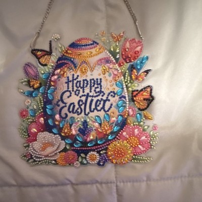 Happy Easter Multicolor Wall Plaque Sign with Beads and Flowers, Plastic