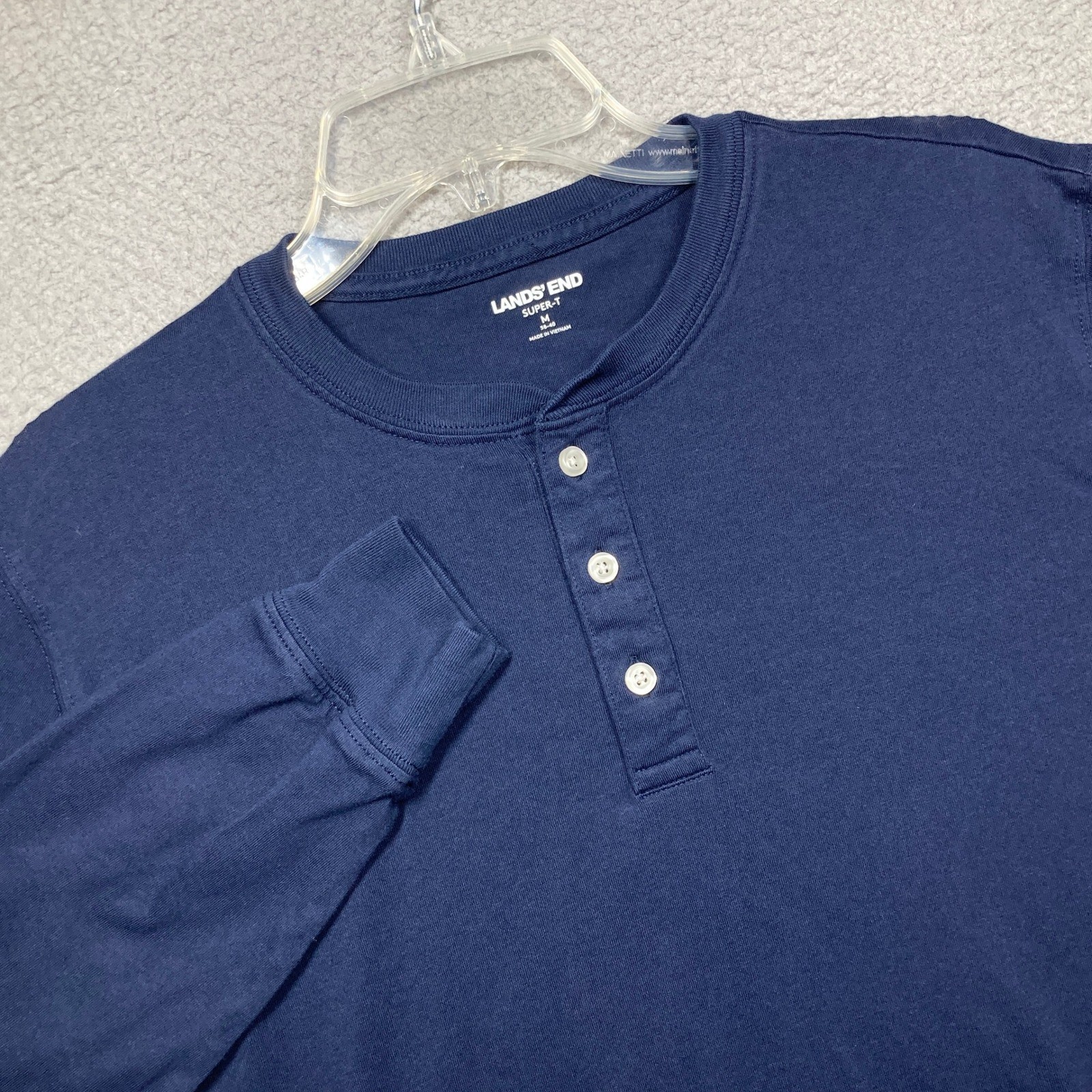 Lands' End Mens Super-T Henley Shirt Medium Navy Blue Long Sleeve Cotton 9109