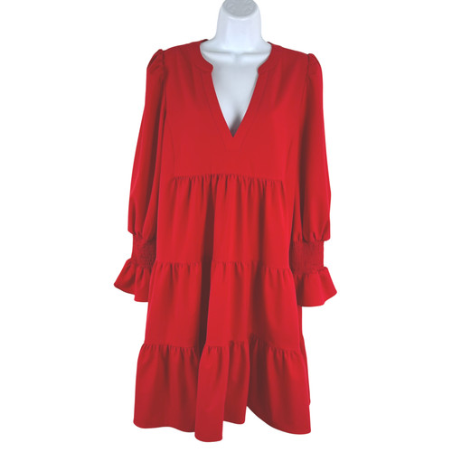 Kenzo, Pomander Place Kenzo Dress Large Red V-Neck Crepe Tiered Long Sleeve DR-1893
