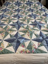 Homemade Twin/Full Blue Green 8 Point Stars 62  X 78  Hand Quilted Cotton