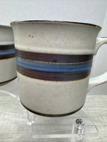 Vintage Otagiri Horizon Japan Stoneware Coffee Mug Set of 2 Blue Striped MCM