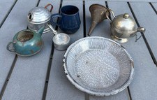 Vintage toy doll size dishes teapots graniteware pie pan enamelware cup